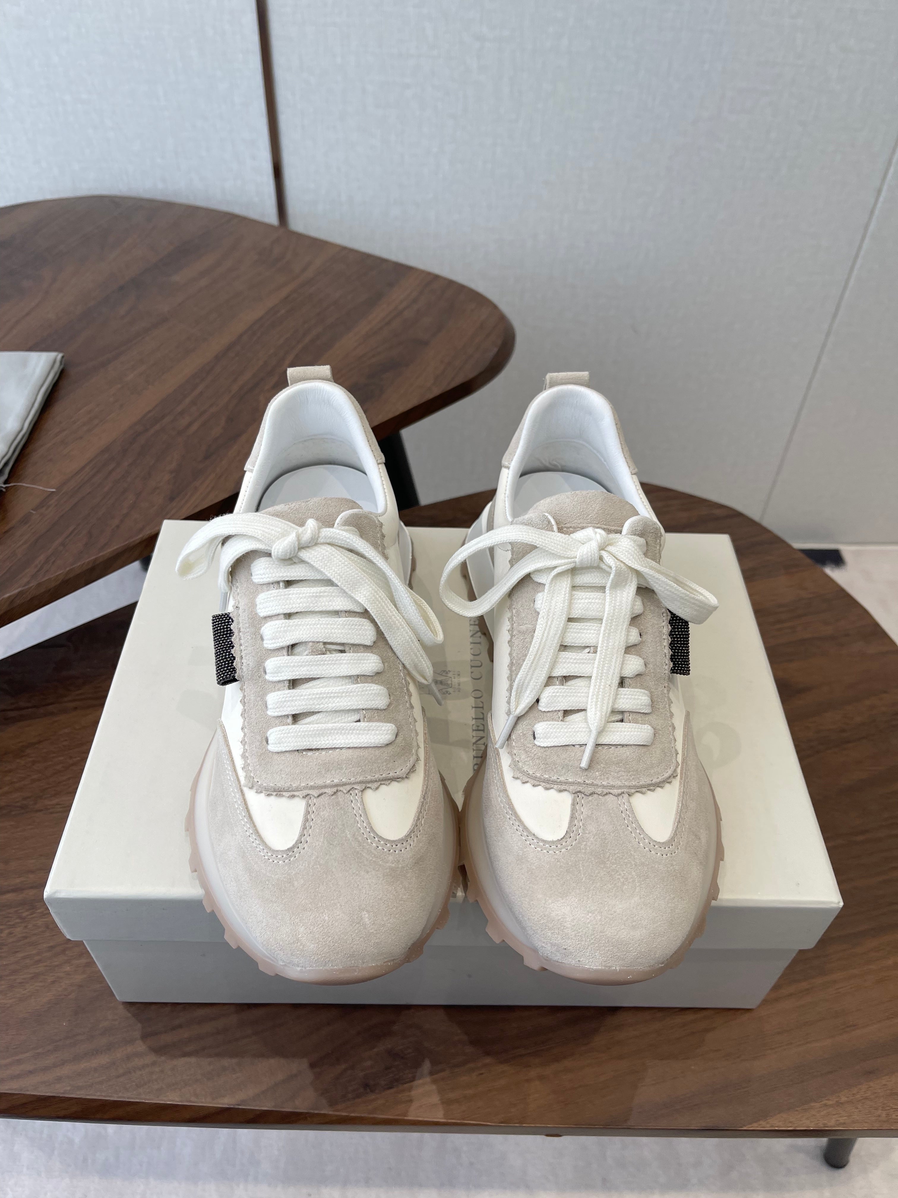 Brunello Flannel Runners With Monili Ivory Grey Suede 624477