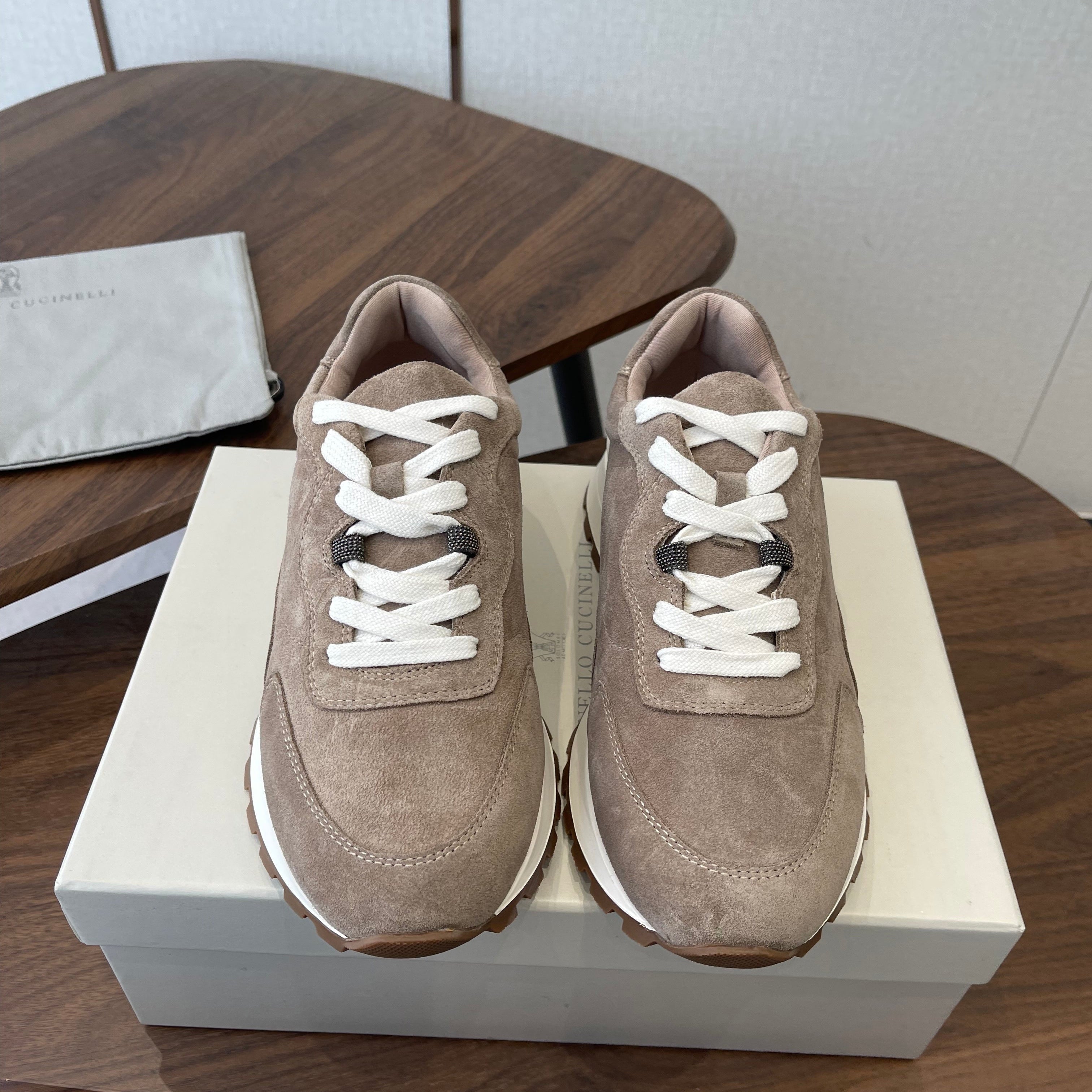 Brunello Runners With Shiny Details Light Taupe Suede 624482