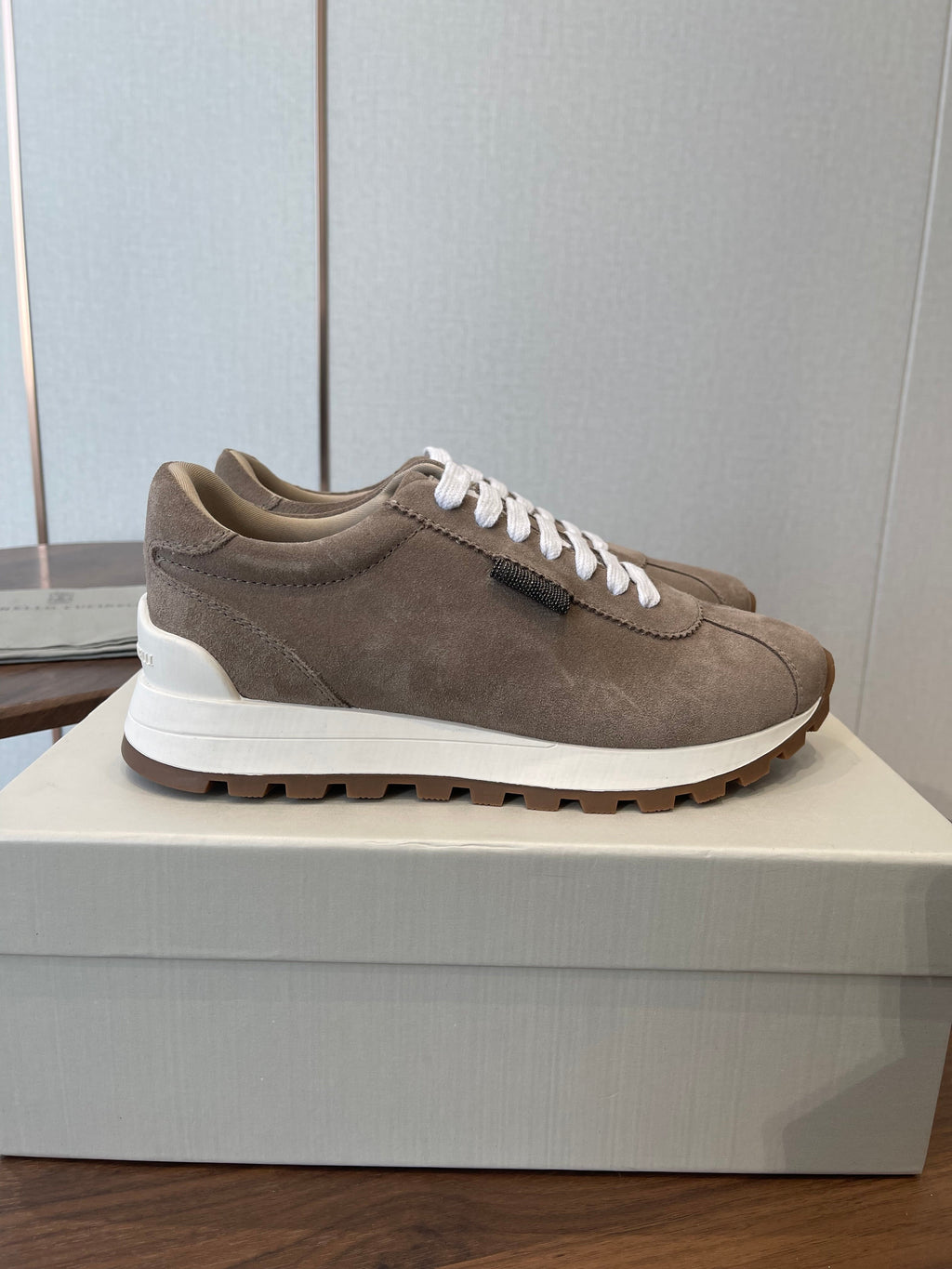 Brunello Runners With Shiny Tab Taupe Suede 624492