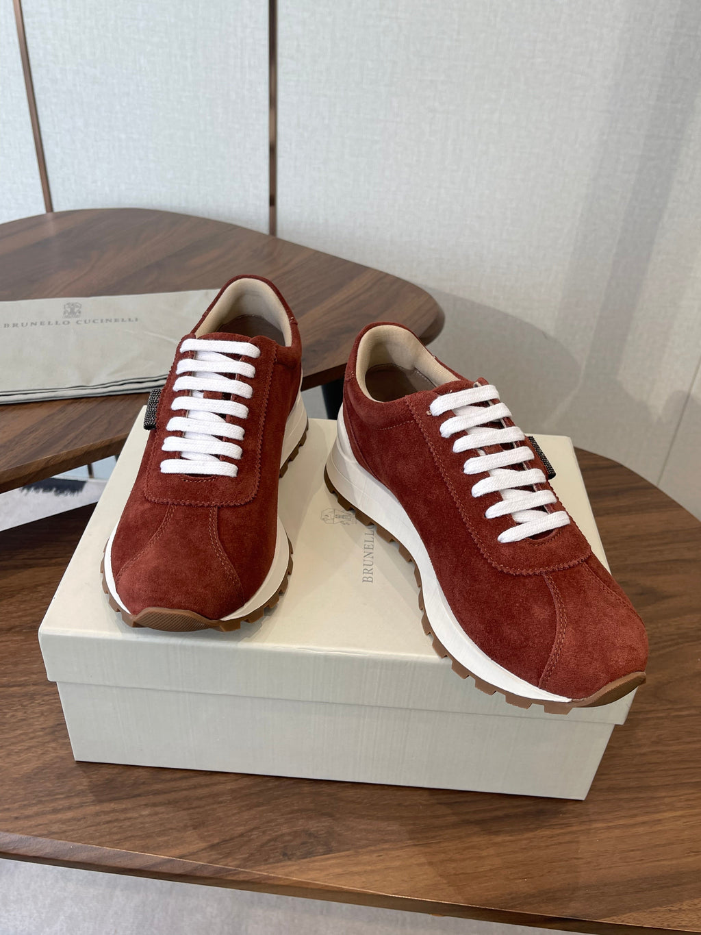 Brunello Runners With Shiny Tab Burgundy Suede 624493