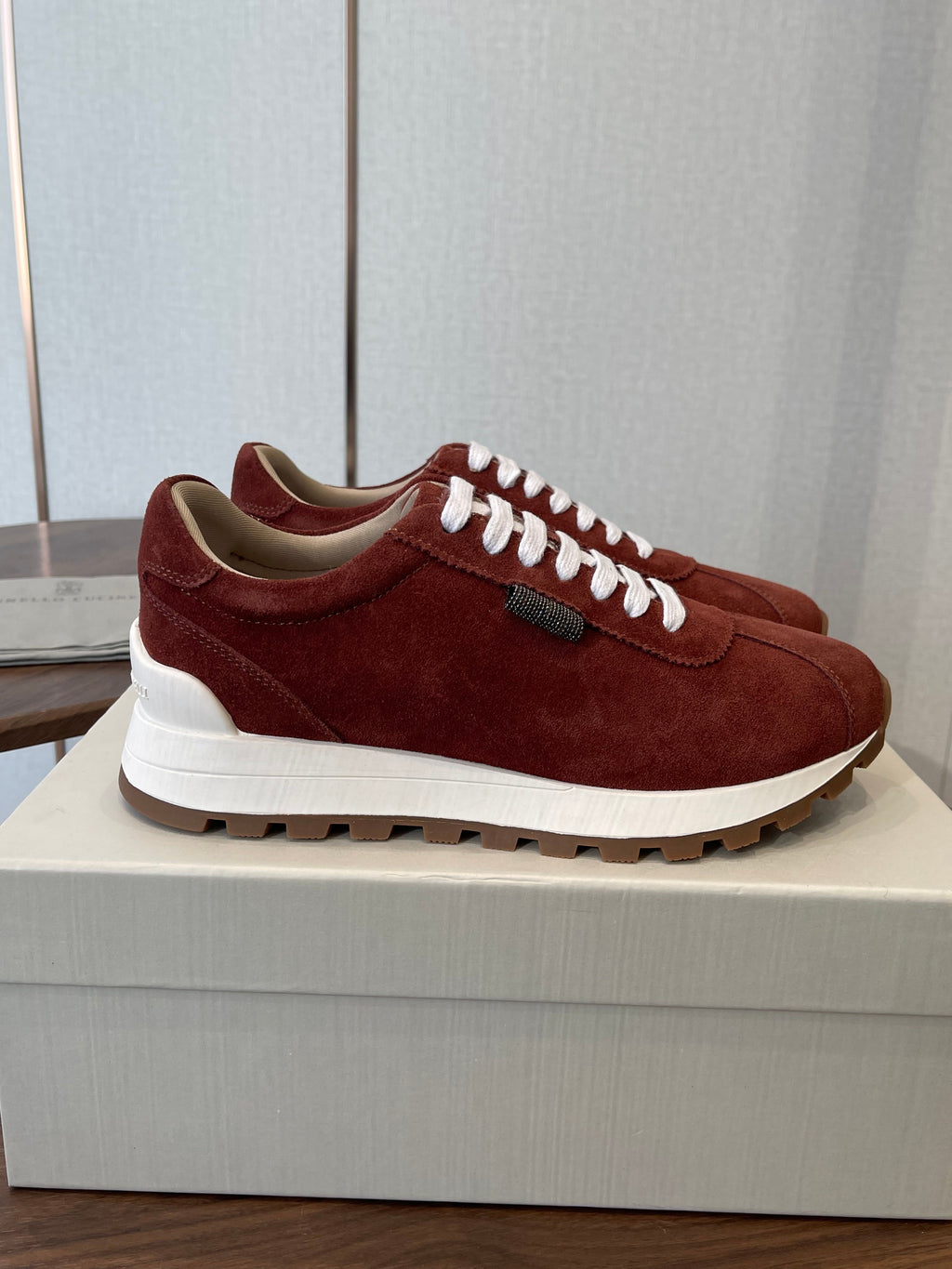 Brunello Runners With Shiny Tab Burgundy Suede 624493