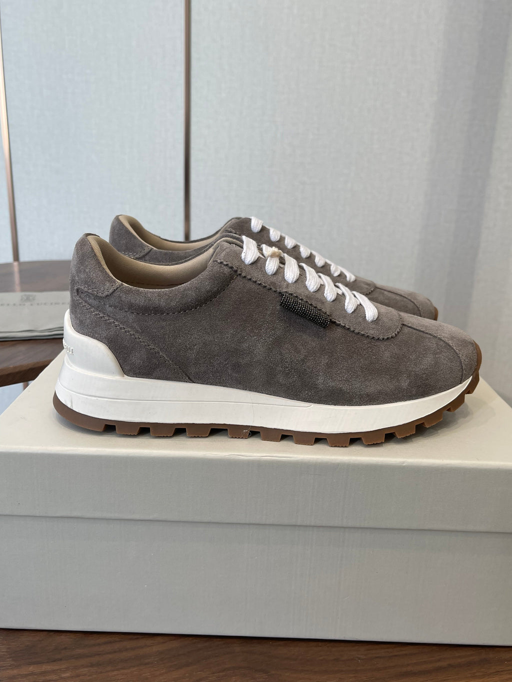 Brunello Runners With Shiny Tab Dark Taupe Suede 624494