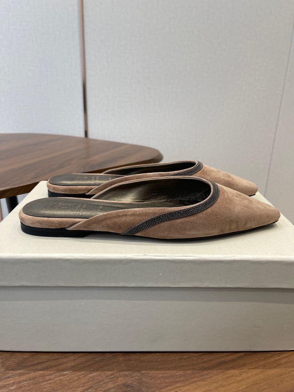 Brunello Monili-chain Mules Brown Suede 624508