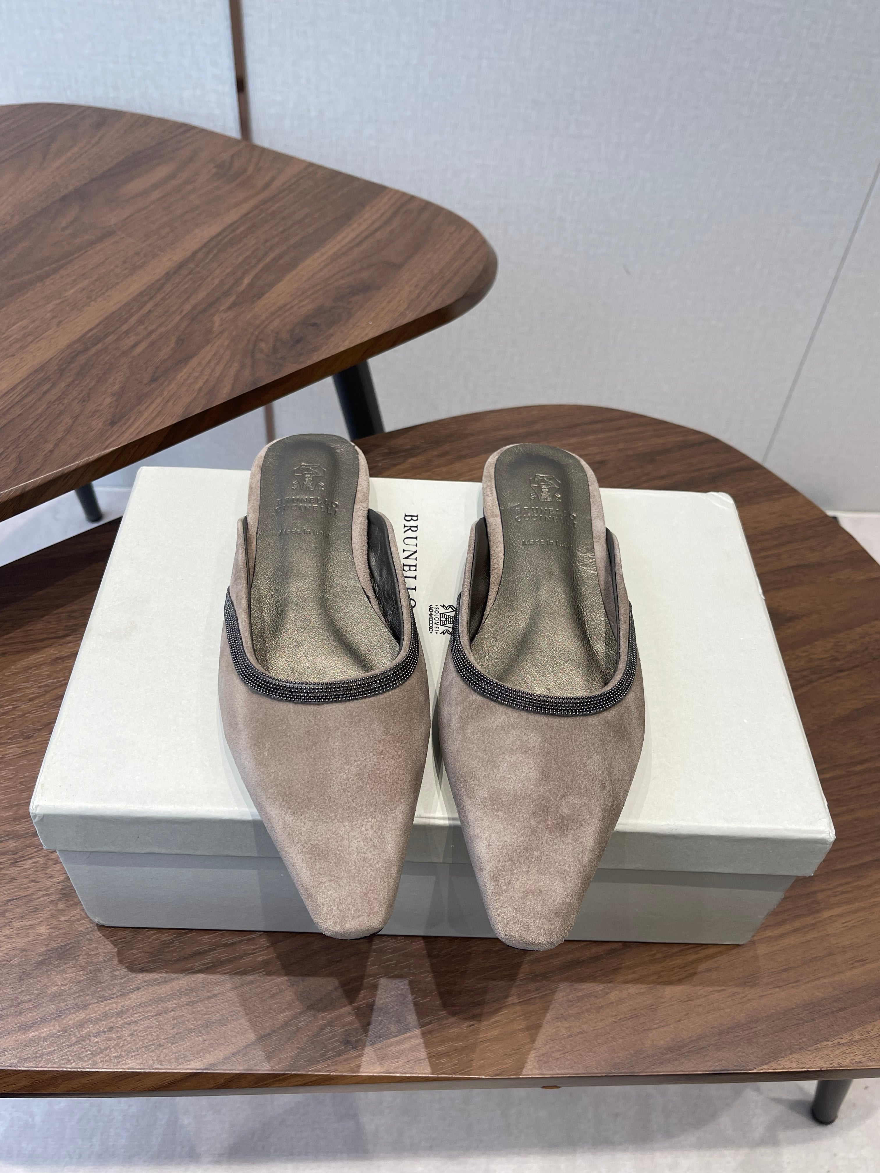 Brunello Monili-chain Mules Taupe Suede 624509