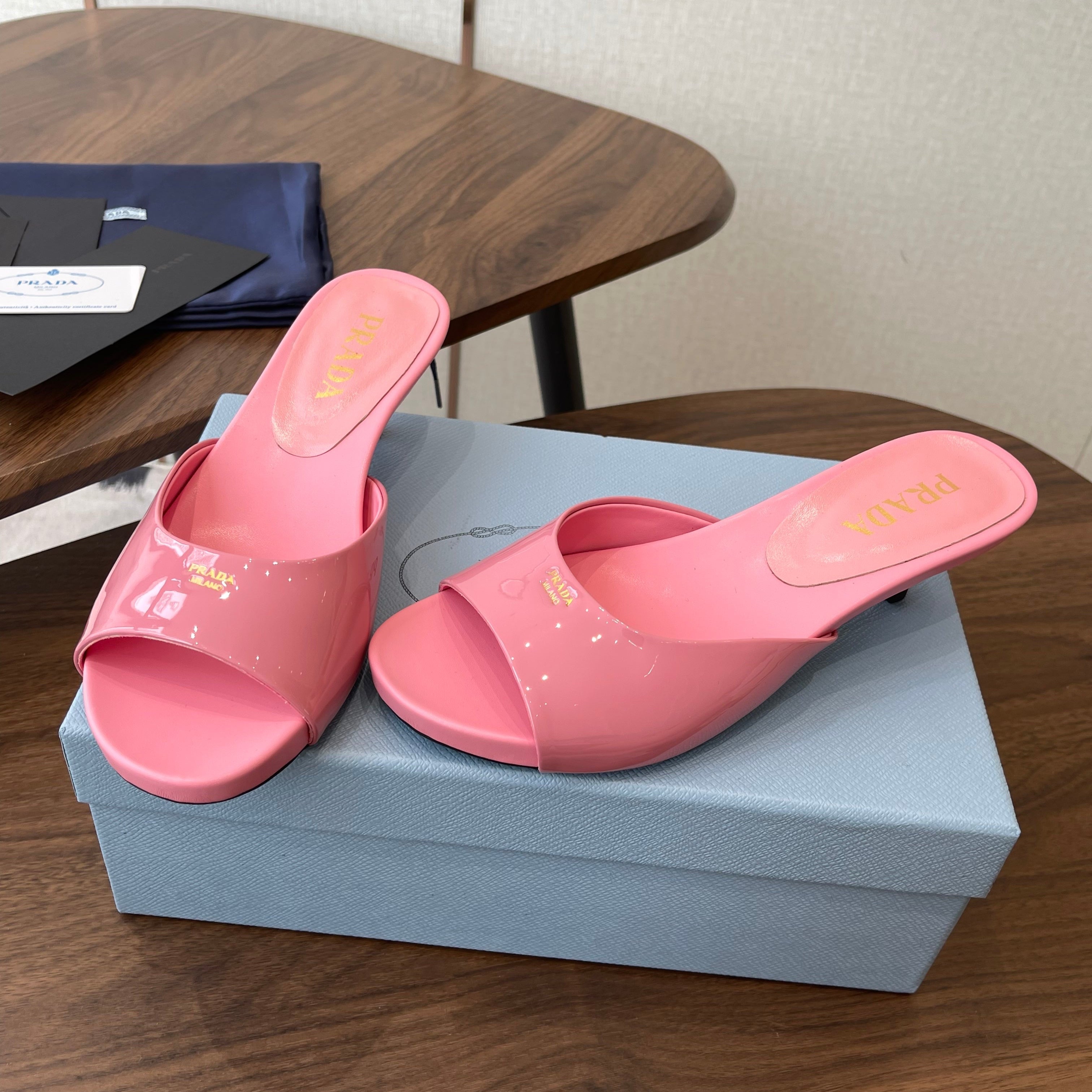 Prada Kitten Heel Sandals Pink Patent Leather 727642