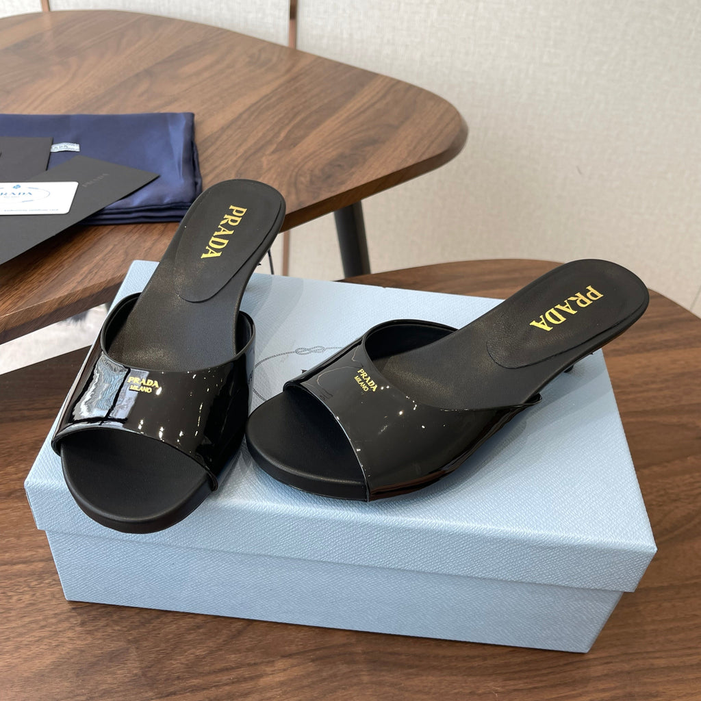 Prada Kitten Heel Sandals Black Patent Leather 727643