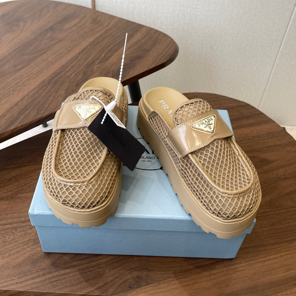 Prada 26s Mules Beige Mesh Fabric 727680