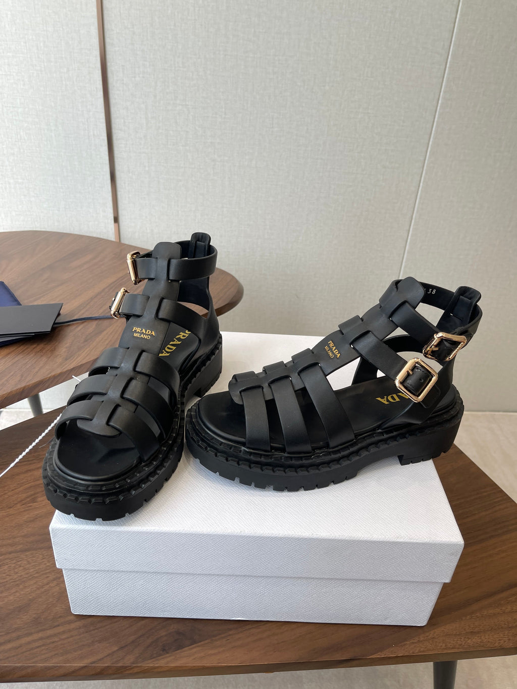 Prada Strappy Sandals 5.5cm Black Leather 728559