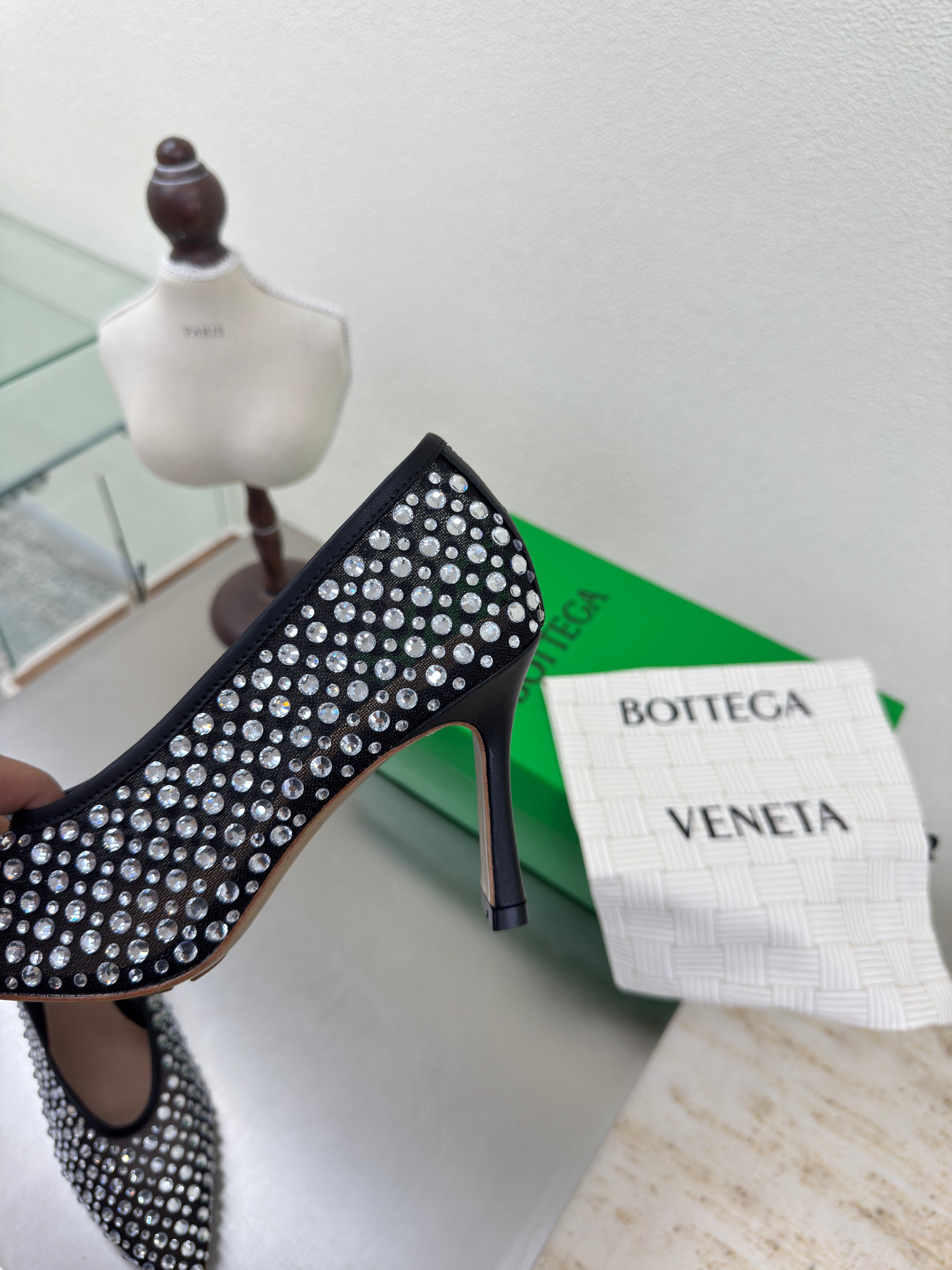 BV Rhinestones Sofia Pump 90mm Black Mesh 428482