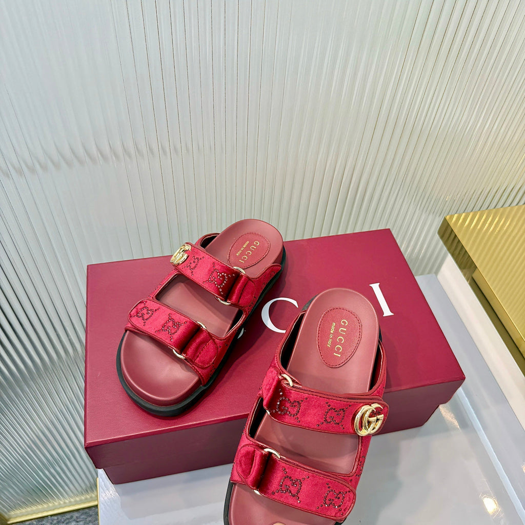 GG 26s Dad Mule Sandals Red Leather Velvet 714865