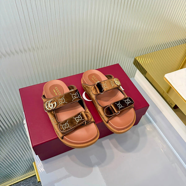 GG 26s Dad Mule Sandals Brown Leather Velvet 714870
