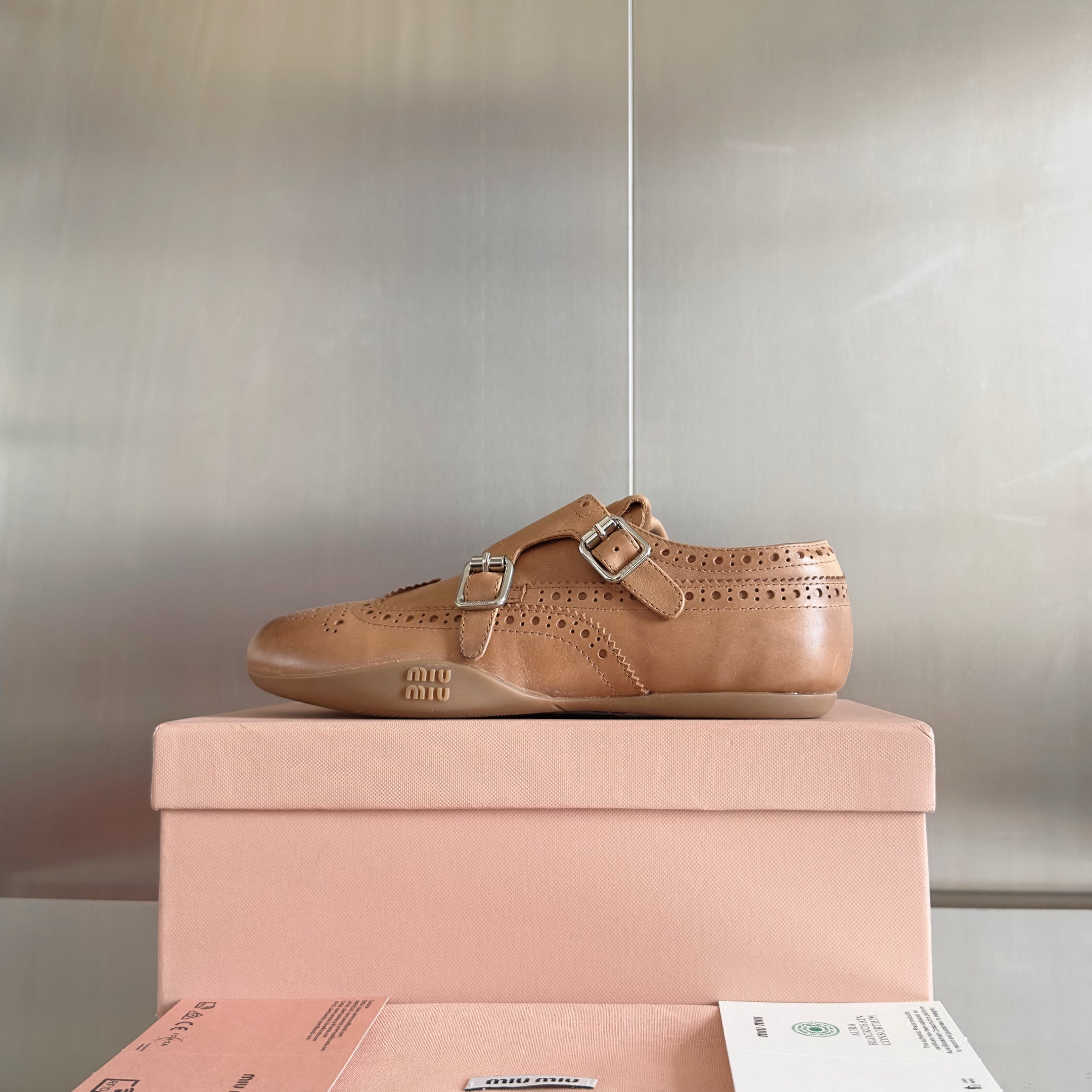 Miu Monk-Strap Thin Sole Caramel Loafers Leather 509752