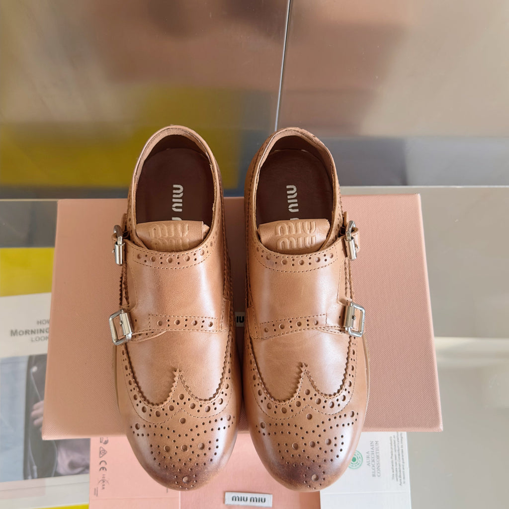 Miu Monk-Strap Thin Sole Caramel Loafers Leather 509752