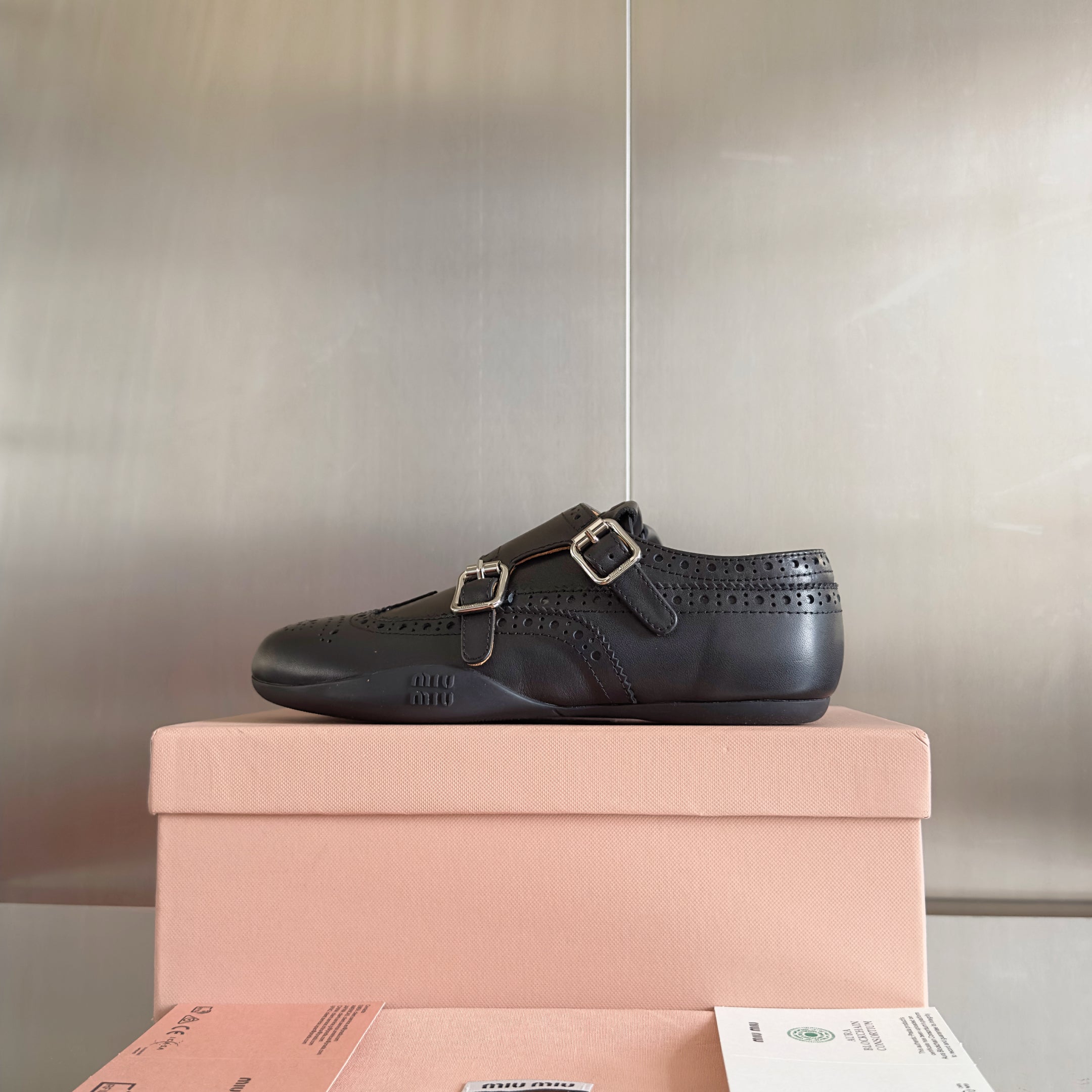 Miu Monk-Strap Thin Sole Black Loafers Leather 509753
