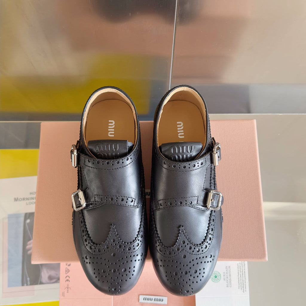 Miu Monk-Strap Thin Sole Black Loafers Leather 509753