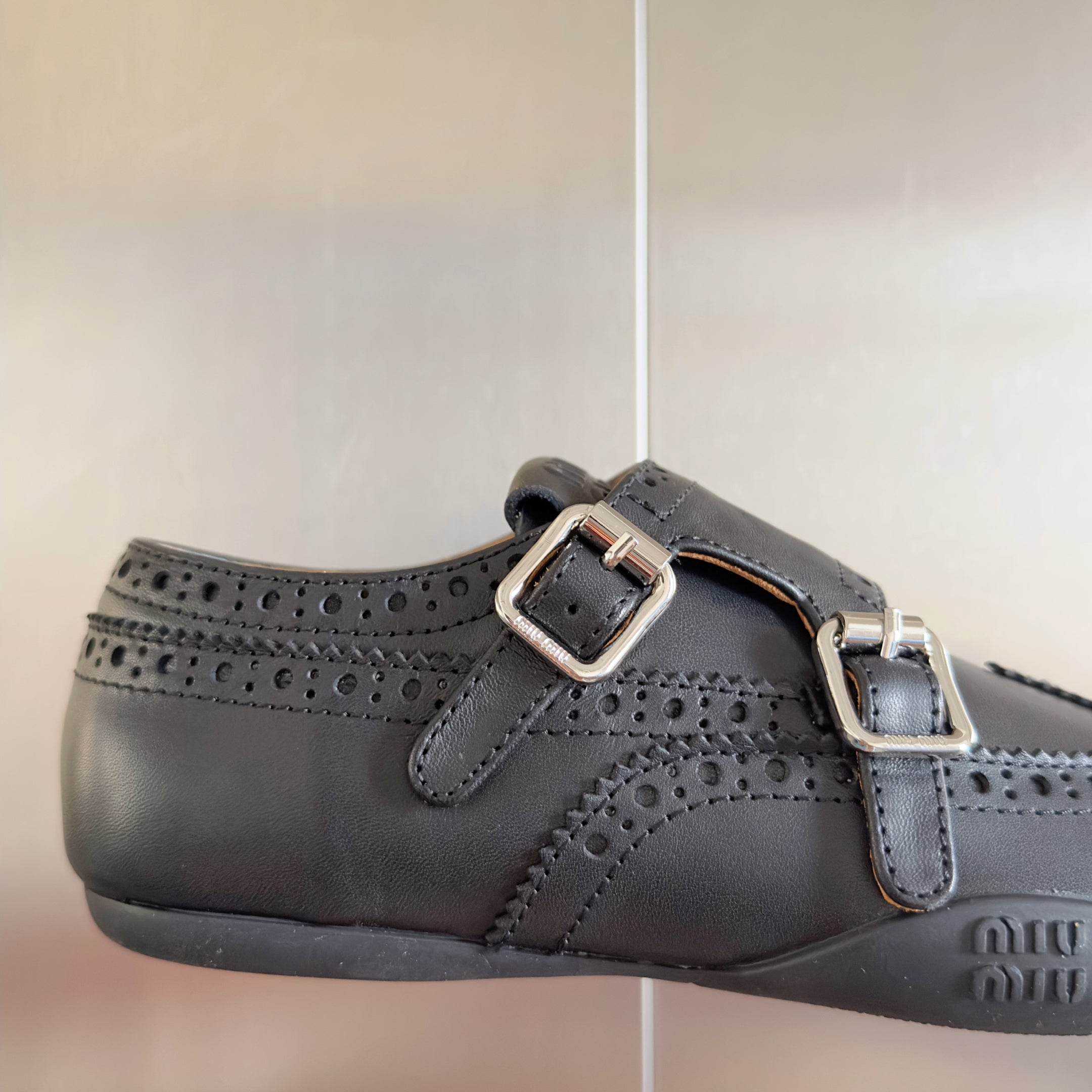Miu Monk-Strap Thin Sole Black Loafers Leather 509753