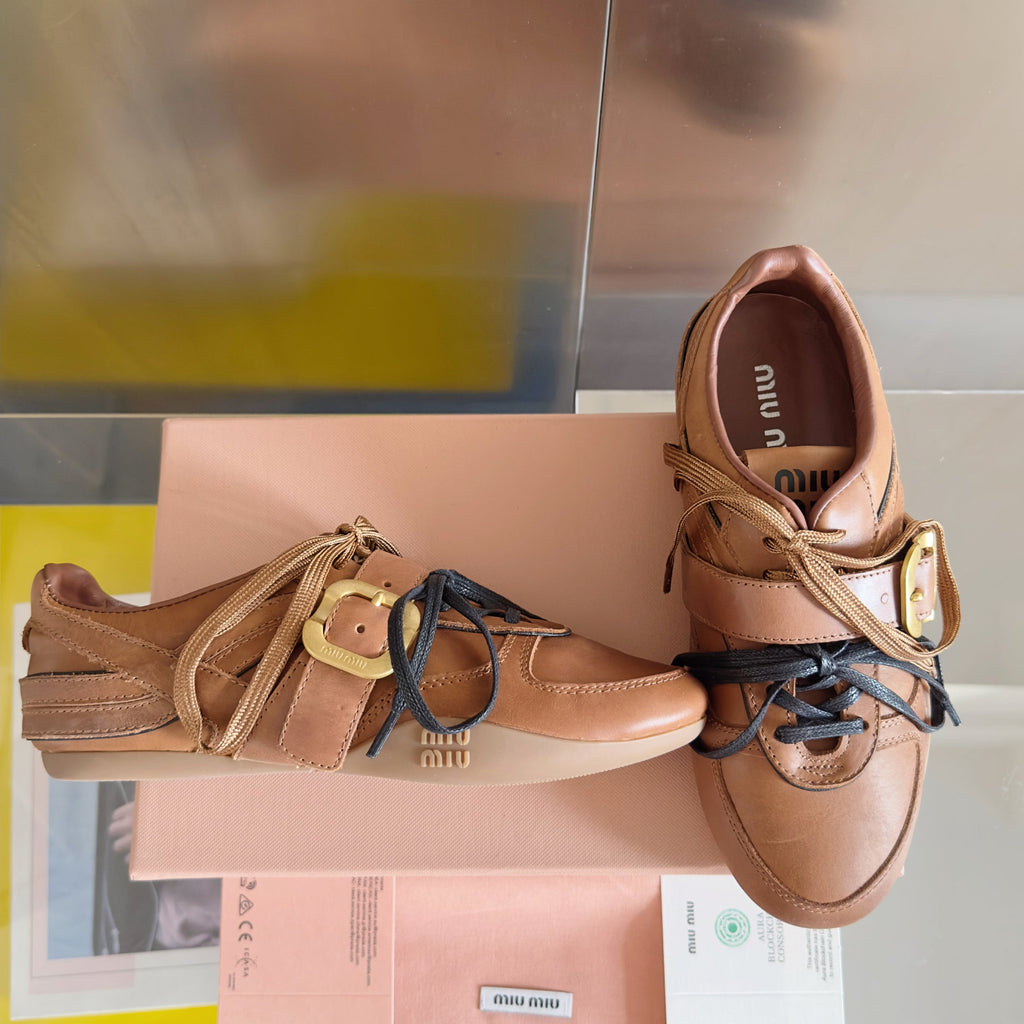 Miu Sneakers With Buckle Brown Leather 509754