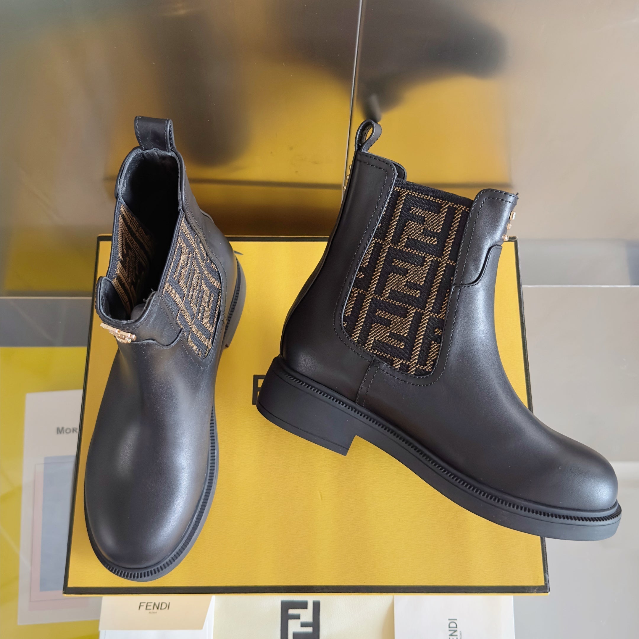 Fendi 2025 FF Monogram Chelsea Boot Black Brown Leather Fabric 553105