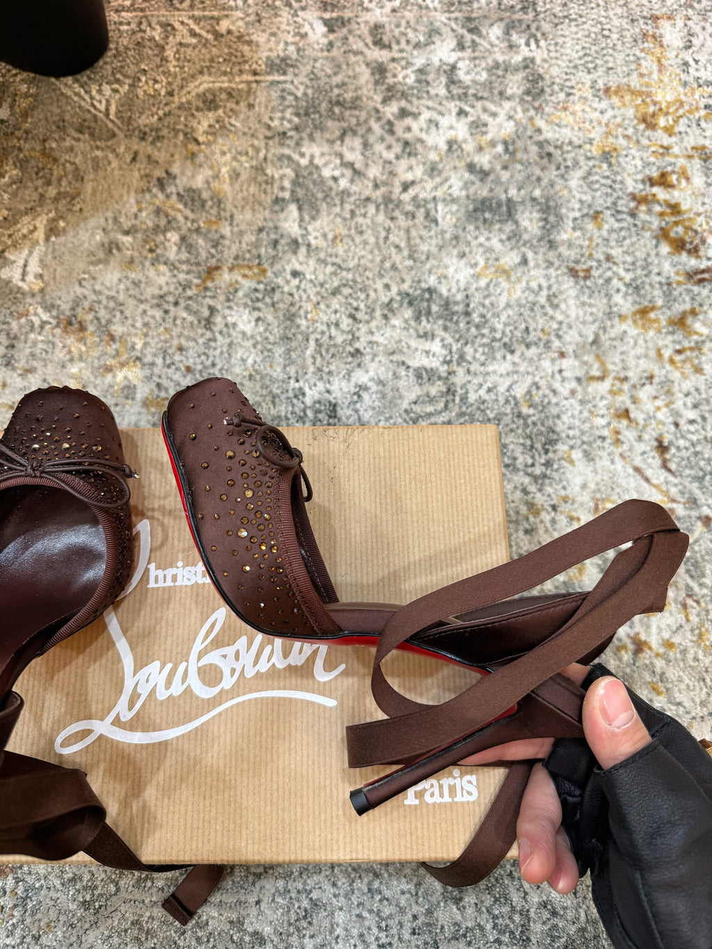 CL Cassia Lace Up Pumps Diamond-Embellished 10.5 Brown Satin 637423