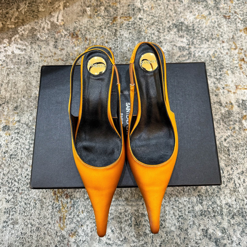 YSL Anne-Marie Slingback 8cm Orange Satin 637213