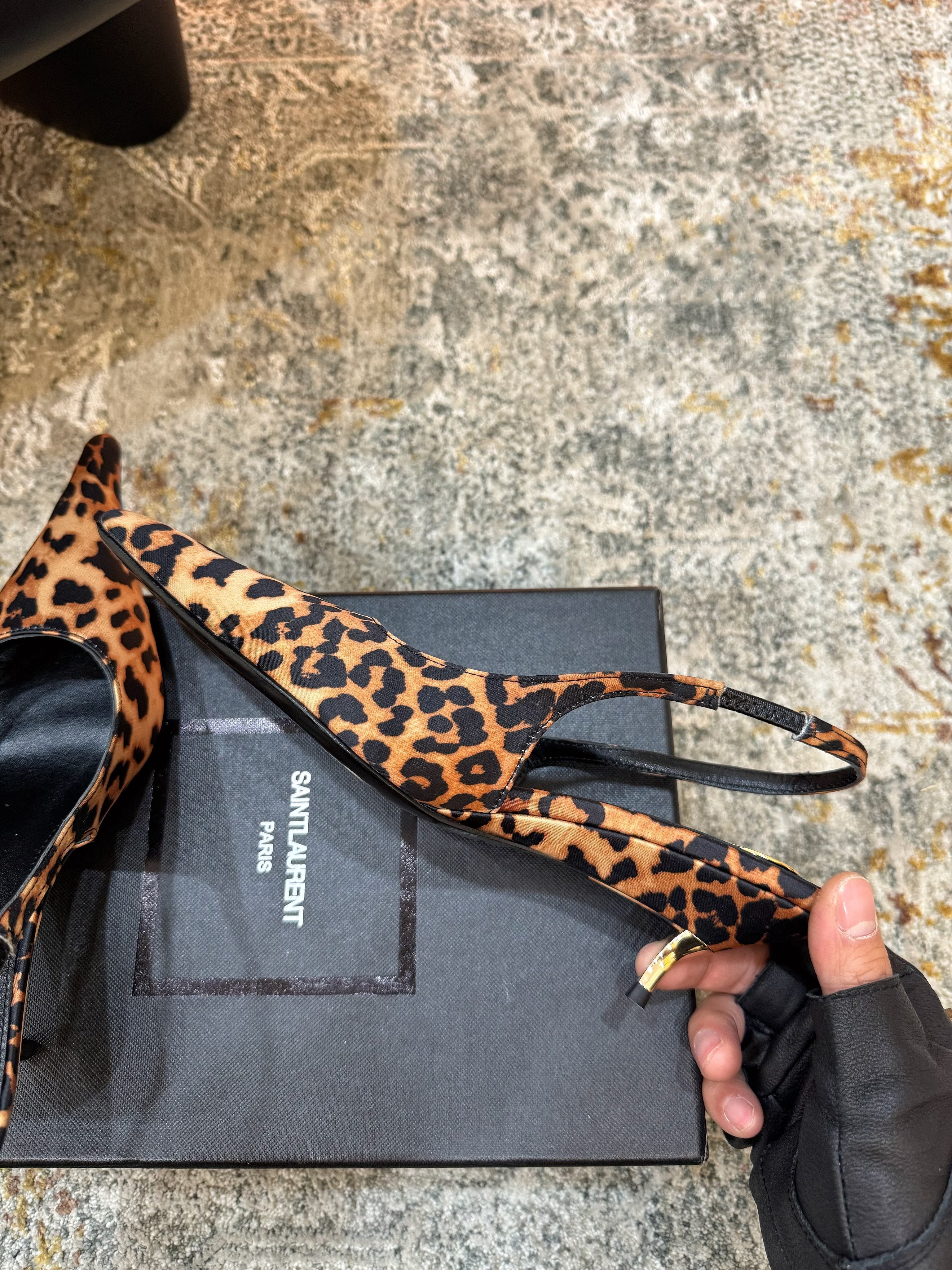 YSL Anne-Marie Slingback 8cm Leopard Printed Satin 637229