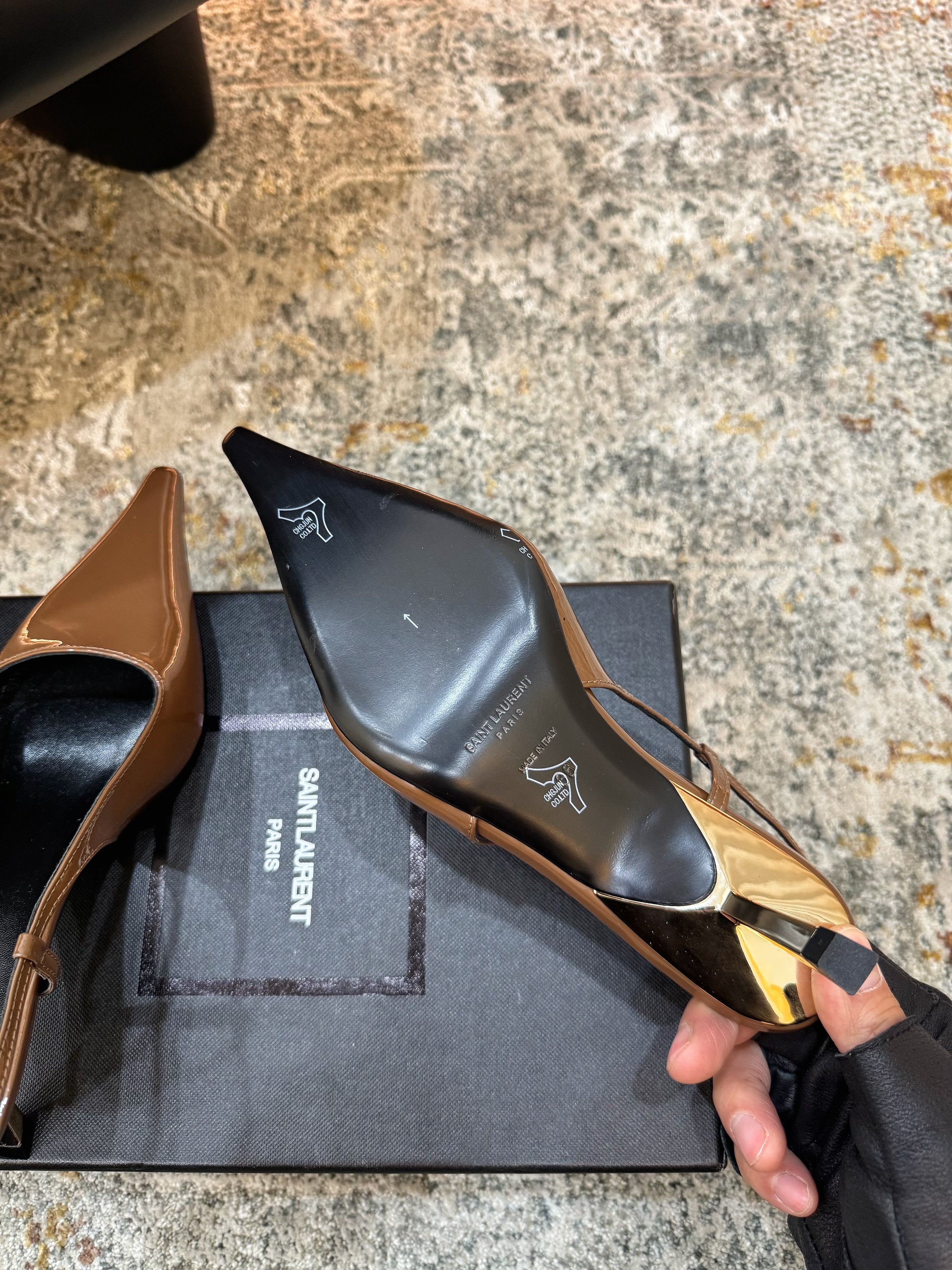 YSL Anne-Marie Slingback 8cm Brown Patent Leather 637223