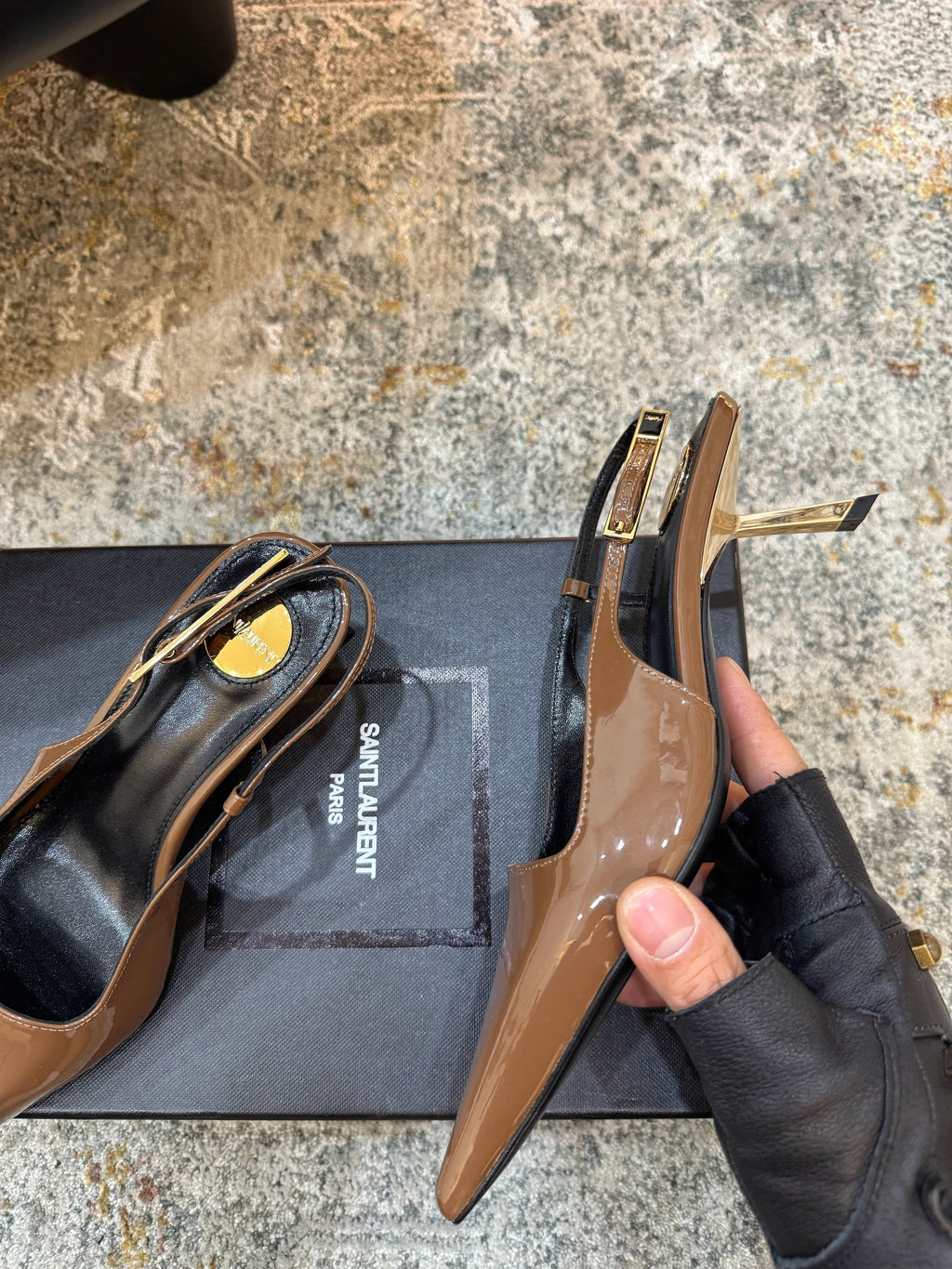 YSL Anne-Marie Slingback 8cm Brown Patent Leather 637223