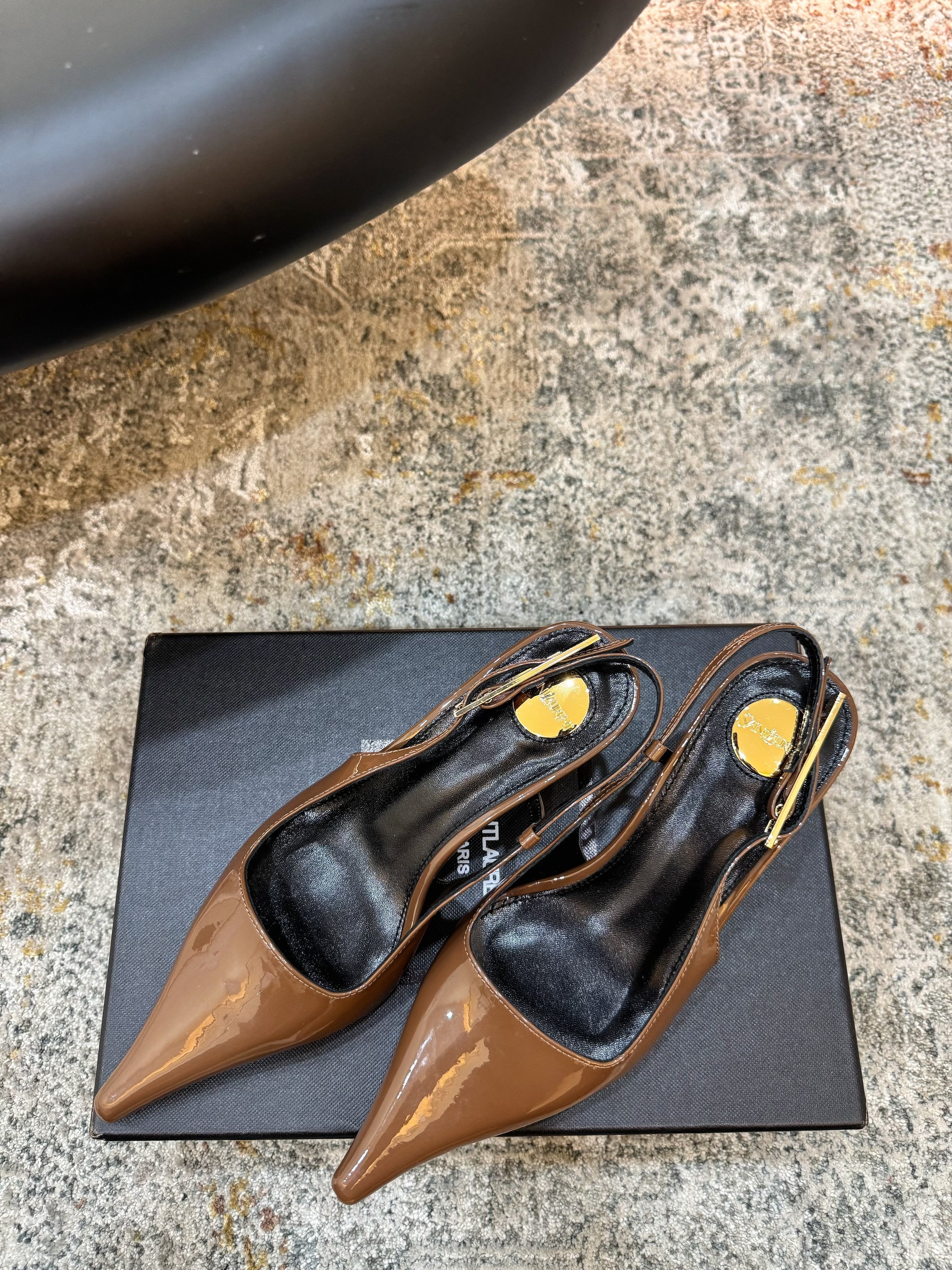 YSL Anne-Marie Slingback 8cm Brown Patent Leather 637223