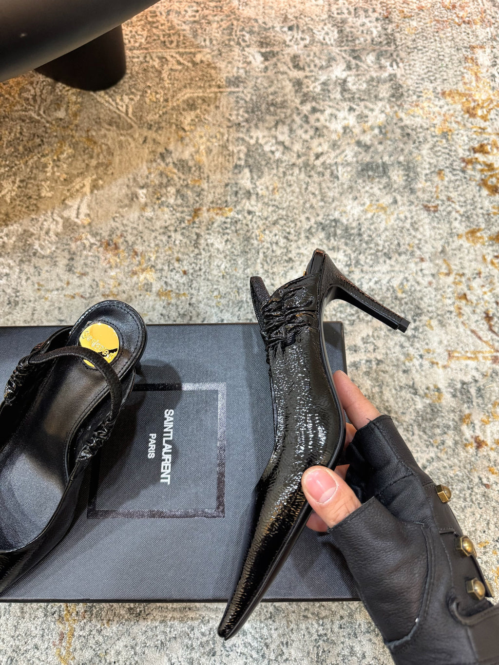 YSL Anne-Marie Slingback 8cm Black Glossy Sheepskin 637224