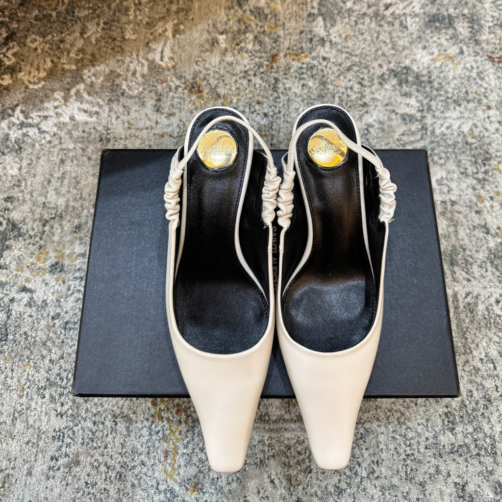 YSL Anne-Marie Slingback 8cm White Sheepskin Silk 637228