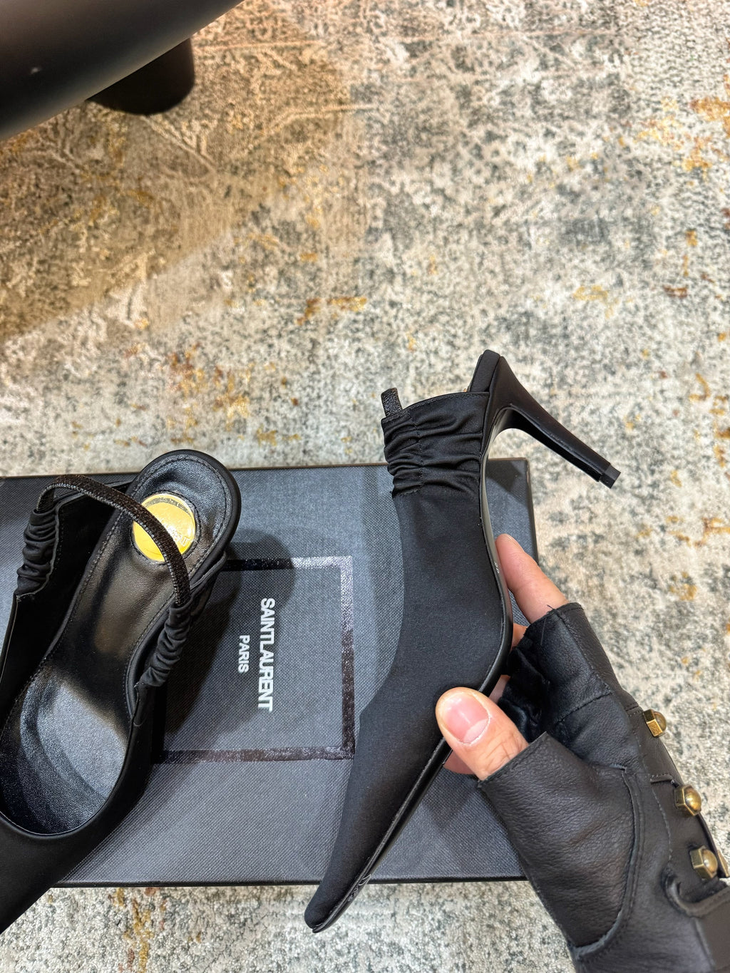 YSL Anne-Marie Slingback 8cm Black Sheepskin Silk 637229