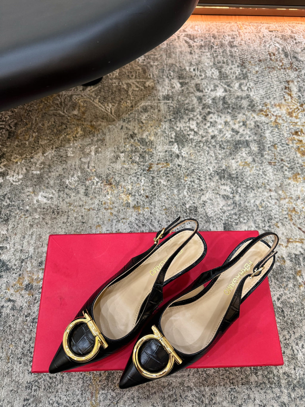 Ferragamo Maxi Gancini Slingback 7.5cm Black Embossed Sheepskin