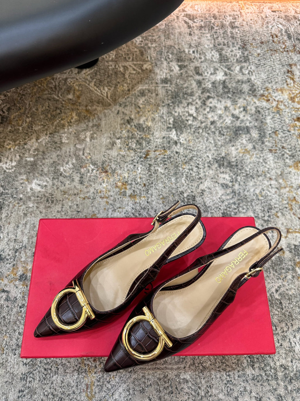 Ferragamo Maxi Gancini Slingback 7.5cm Black Embossed Cowhide 694841