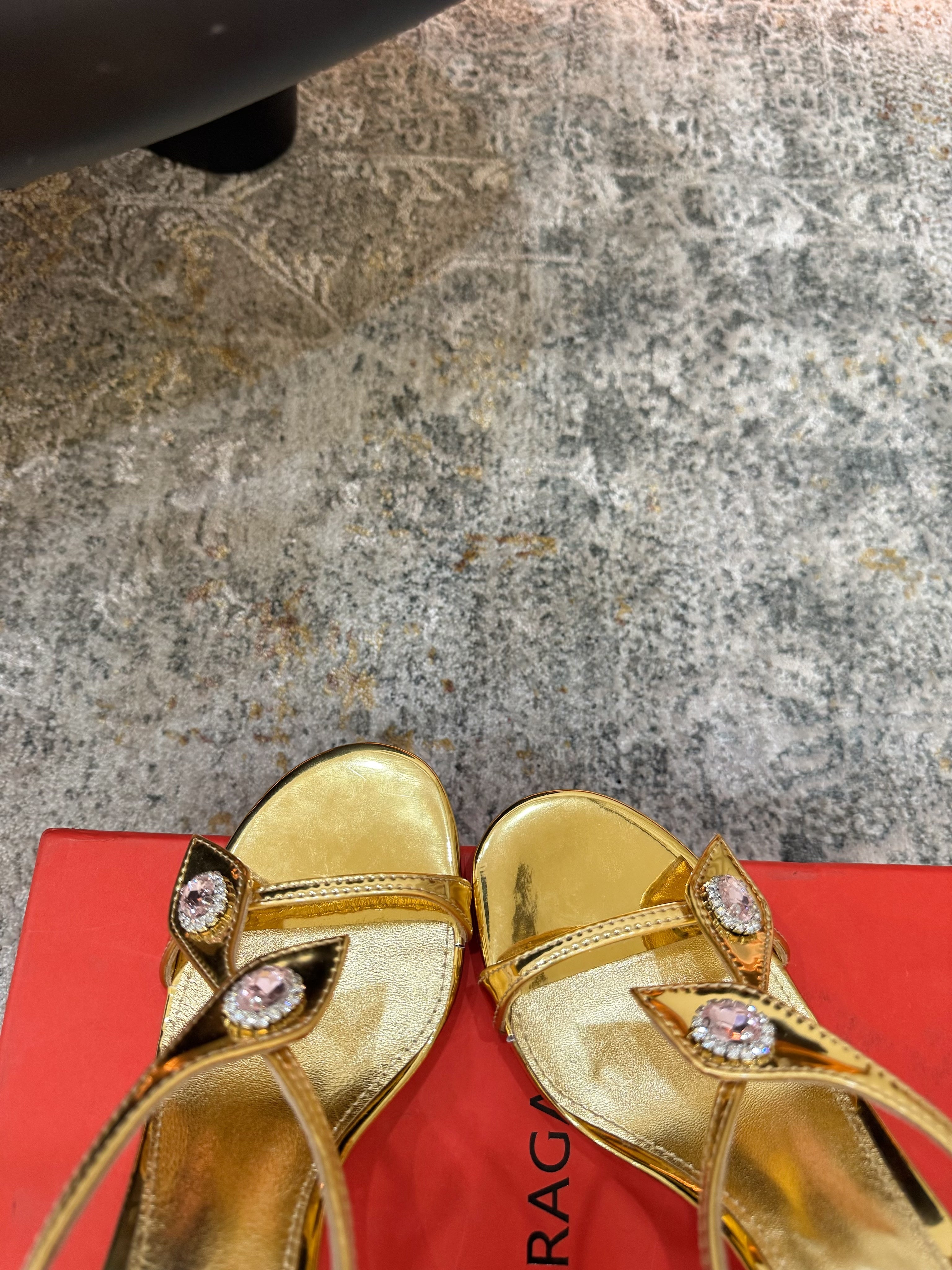 Ferragamo Crystal Embellishments Sandals 9cm Gold Patent Leather 694844