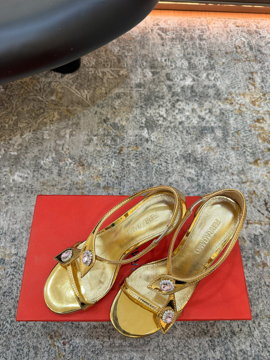 Ferragamo Crystal Embellishments Sandals 9cm Gold Patent Leather 694844