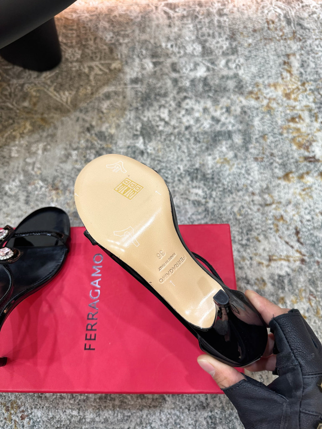Ferragamo Crystal Embellishments Sandals 9cm Black Patent Leather 694845