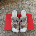 Ferragamo Gancini-Heel Padded Sandals 9cm Sliver Cowhide 694846