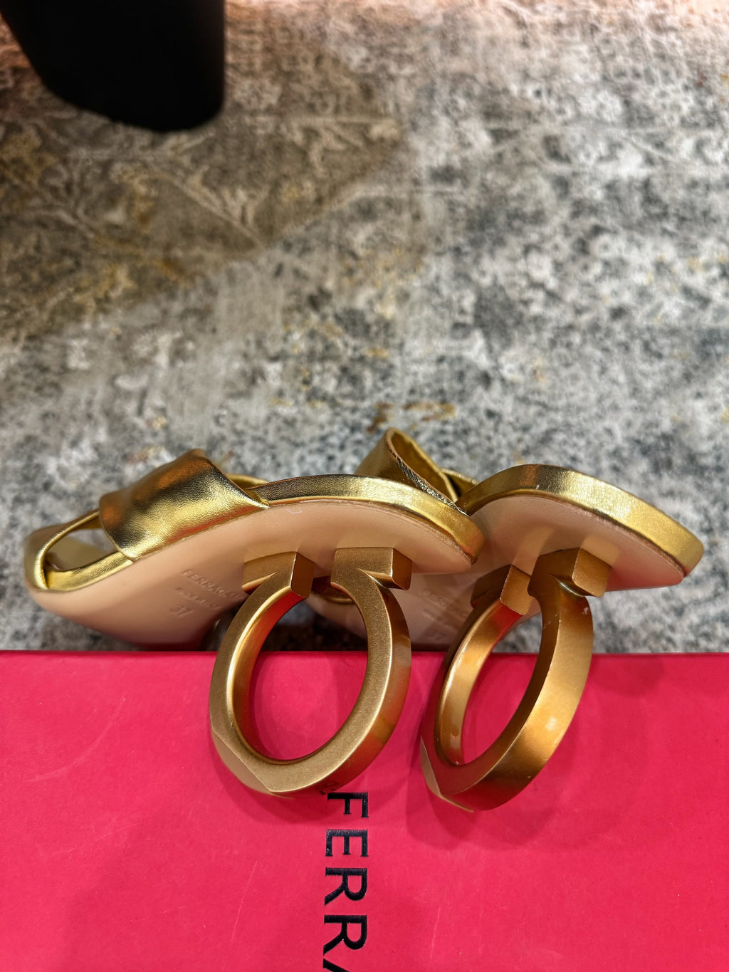 Ferragamo Gancini-Heel Padded Sandals 9cm Gold Cowhide 694848