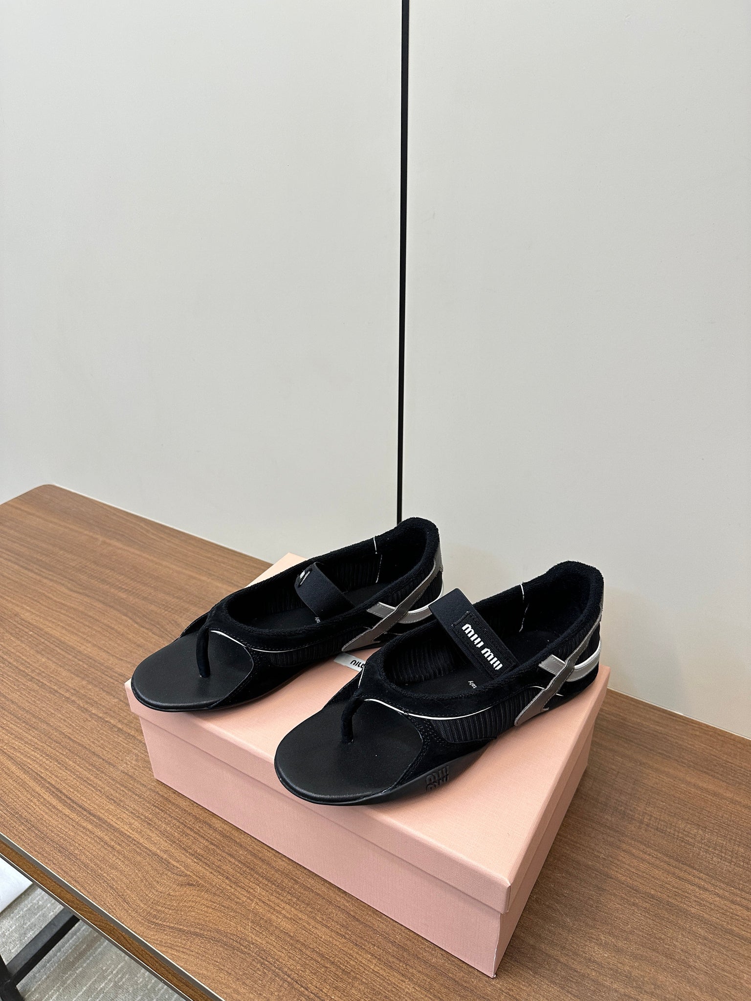 Miu Thong Sandals In Black Suede Mix Tech Fabric