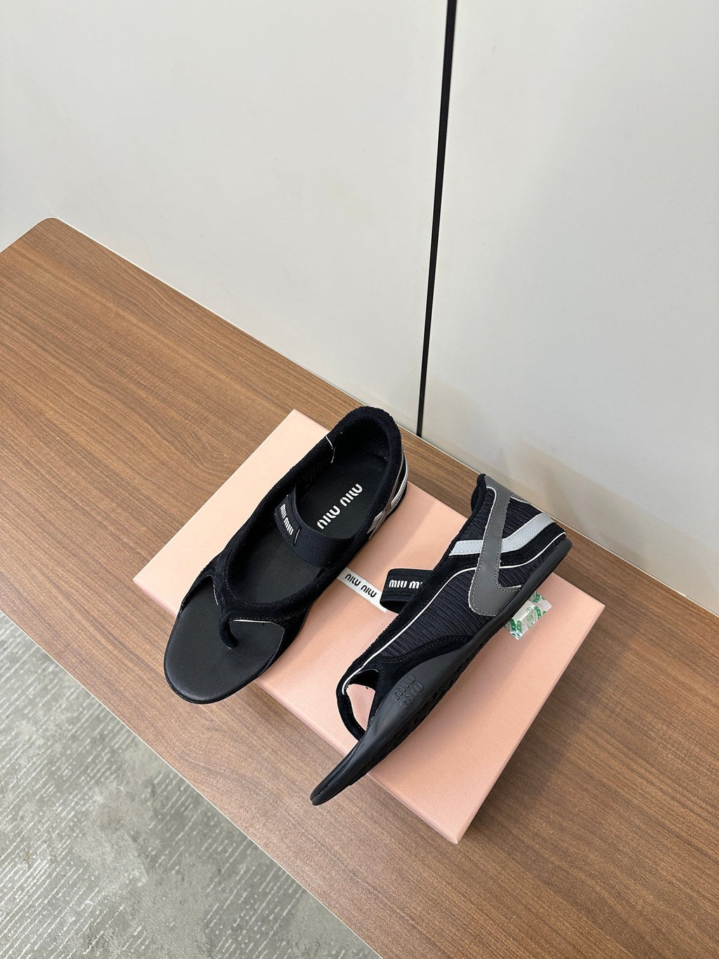 Miu Thong Sandals In Black Suede Mix Tech Fabric