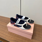 Miu Thong Sandals In White Suede Mix Navy Tech Fabric