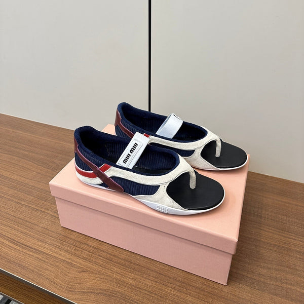Miu Thong Sandals In White Suede Mix Navy Tech Fabric
