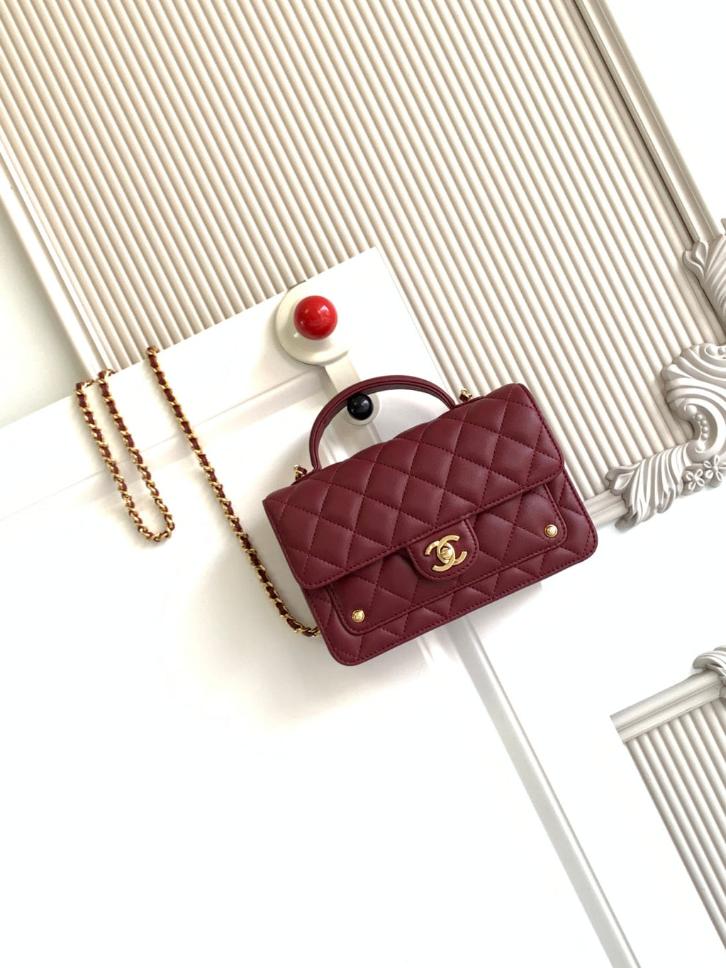 CC Handle Bag 19cm Double C Burgundy Lambskin Gold Hardware