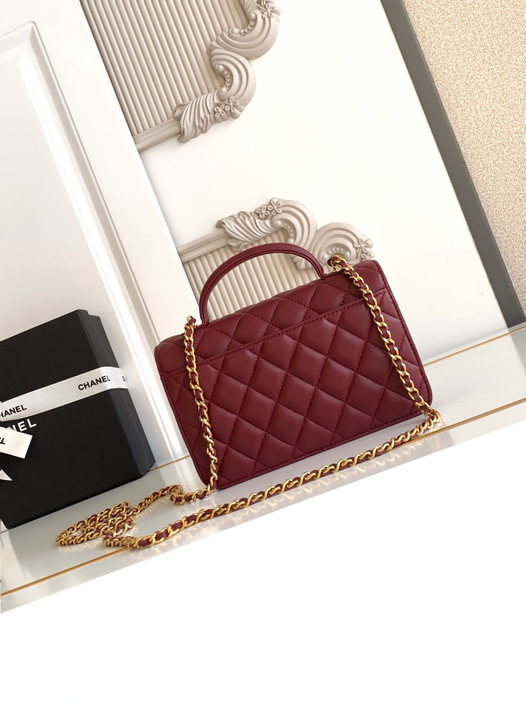 CC Handle Bag 19cm Double C Burgundy Lambskin Gold Hardware