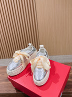 Ferragamo Bow Platform Sneaker Sliver Satin Sheepskin