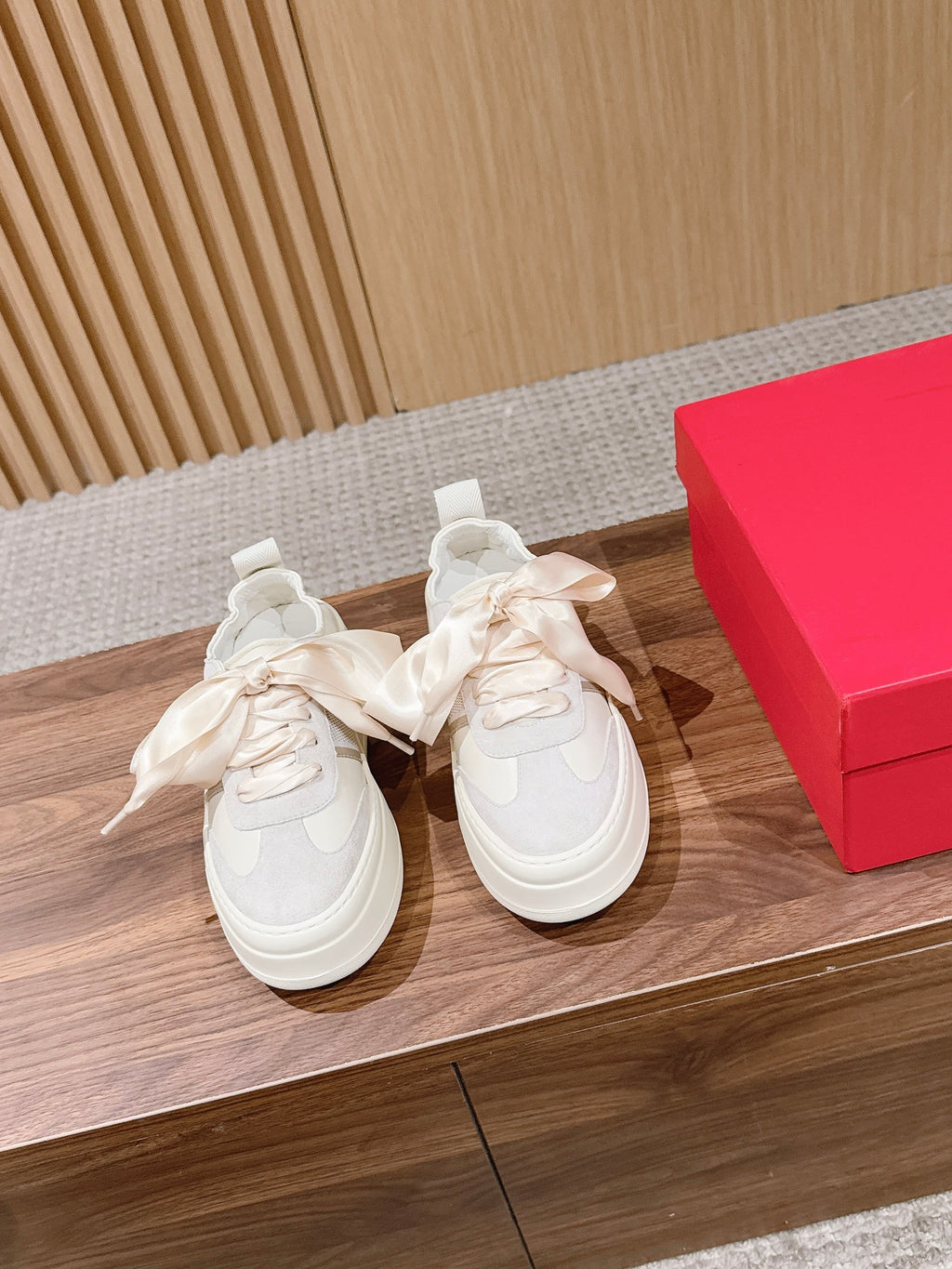 Ferragamo Bow Platform Sneaker Grey Ivory Satin Sheepskin