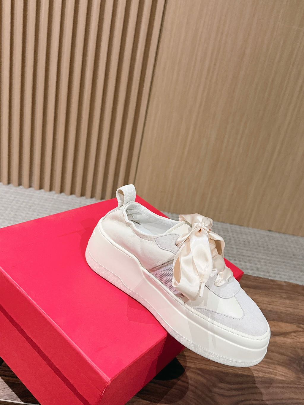 Ferragamo Bow Platform Sneaker Grey Ivory Satin Sheepskin