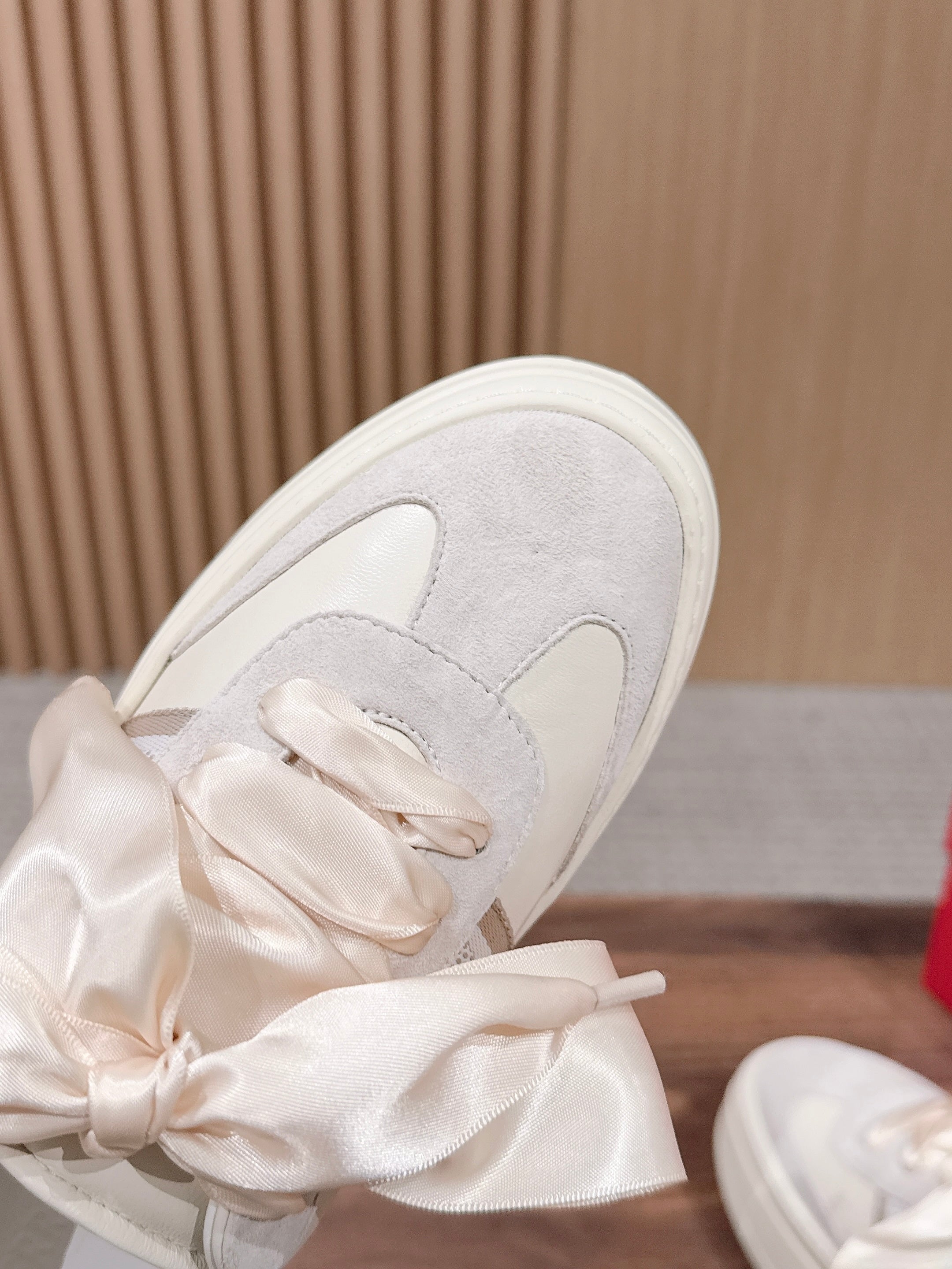 Ferragamo Bow Platform Sneaker Grey Ivory Satin Sheepskin
