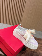 Ferragamo Bow Platform Sneaker Pink Ivory Satin Sheepskin