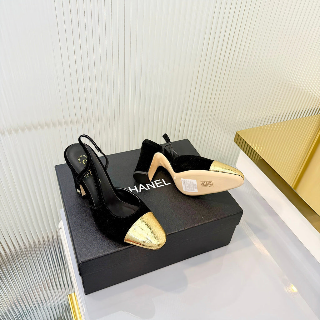 CC 26 Slingback High Heel 9cm Black Gold Suede 714013